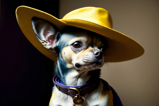 A Small Dog Wearing A Yellow Cowboy Hat