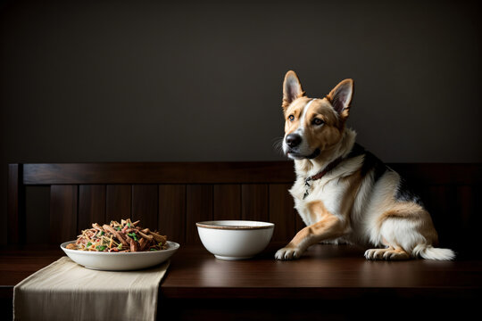 A Dog Sitting On A Bench Next To A Bowl Of Food