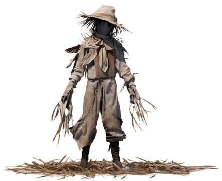 A scarecrow standing on the ground, transparent  background