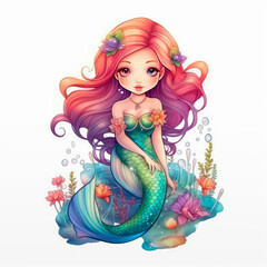Obraz na płótnie Canvas Cartoon character Mermaid, cute girl, illustration isolated on white background. Generative AI. 