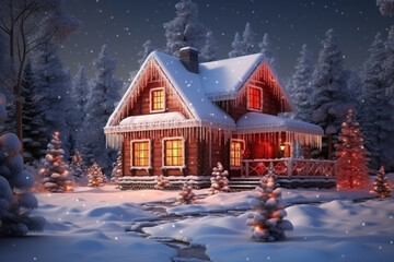 Beautiful country house cottage covered with snow, decorated for the Christmas holidays. AI generated.