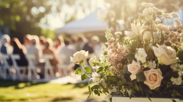 Defocused people at the wedding ceremony. In the foreground there is a decoration of flowers. AI generated.