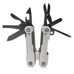 Multitool multi function tool hovers on white background isolation
