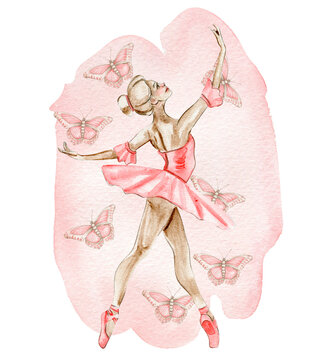 Watercolor dancing ballerina in red dress with butterflies. Hand drawn classic ballet performance, pose. Young pretty ballerina women illustration. Can be used for postcard and posters.