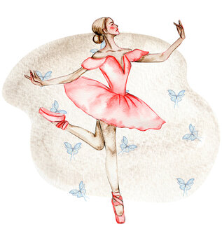 Watercolor dancing ballerina in red dress with butterflies. Hand drawn classic ballet performance, pose. Young pretty ballerina women illustration. Can be used for postcard and posters.