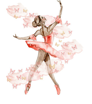 Watercolor dancing ballerina in red dress with butterflies. Hand drawn classic ballet performance, pose. Young pretty ballerina women illustration. Can be used for postcard and posters.