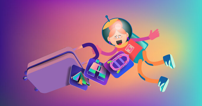 The cartoon astronaut girl is flying with a travel suitcase and web icons