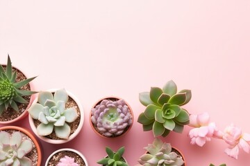 Cactus flower in a pot, succulents banner with different plant (Ai generated)