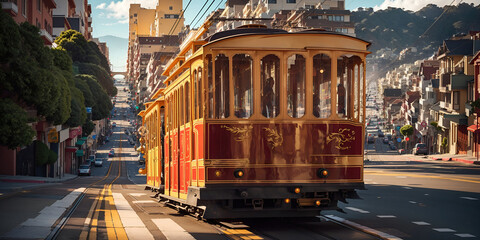 Old vintage tram on the streets of the city.