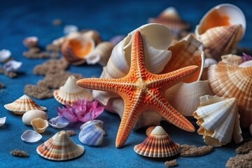 Fototapeta na wymiar Sea shell and starfish, Summer time concept (Ai generated)