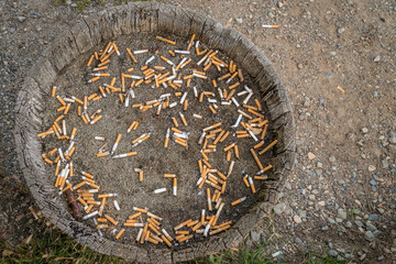 Obraz na płótnie Canvas Cigarette butts in wooden barrel outside of a building where smoking in not allowed