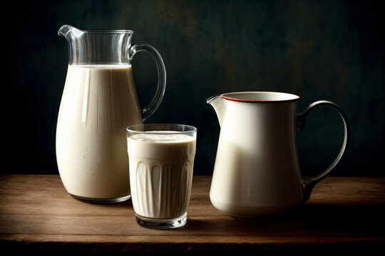 A Pitcher Of Milk Next To A Glass Of Milk