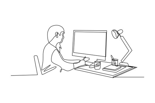 woman sitting in front of computer line vector illustration design