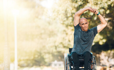Stretching, start and wheelchair user man in park for training, workout or health portrait....