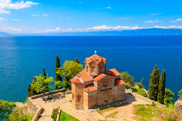 View of Church of St. John at Kaneo and Lake Ohrid in the city of Ohrid, North Macedonia