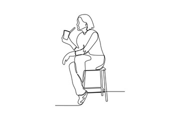 woman sitting and drinking vector line illustration design