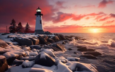 A painting of a lighthouse on a snowy shore. AI