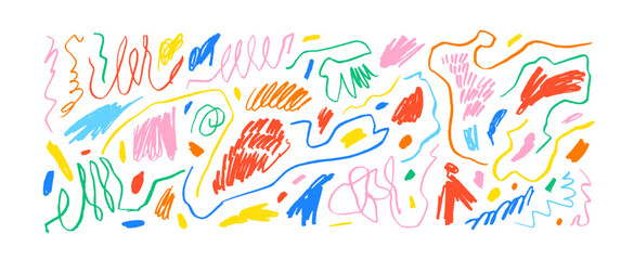 Collection various scribble lines and doodles. Hand drawn multi colored pencil curved lines, crayon drawing. Colorful charcoal abstract elements with scratches. Vector squiggles, marker scribbles. - obrazy, fototapety, plakaty