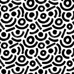 Geometric seamless patterns with arches, straight lines and circles. Brush drawn bold arches with big dots. Seamless backgrounds with vector curved lines. Vector textured geometric ornament.