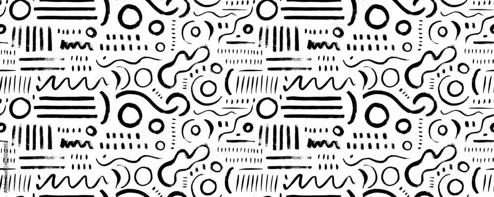 Poster fun lines doodle seamless pattern. hand drawn curved brush strokes, circles and different geometric 