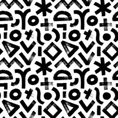 Fototapeta premium Geometric bold brush drawn shapes seamless pattern. Hand drawn background with various geometric figures: crosses, triangles, zigzag bold lines, curves, square and circles. Grunge style pattern.
