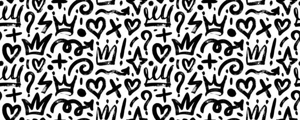 Brush drawn doodle shapes seamless pattern. Hearts, crowns, arrows, crosses, swirls and dots with dry brush texture. Banner background with trendy graffiti style elements. Hand drawn various shapes.