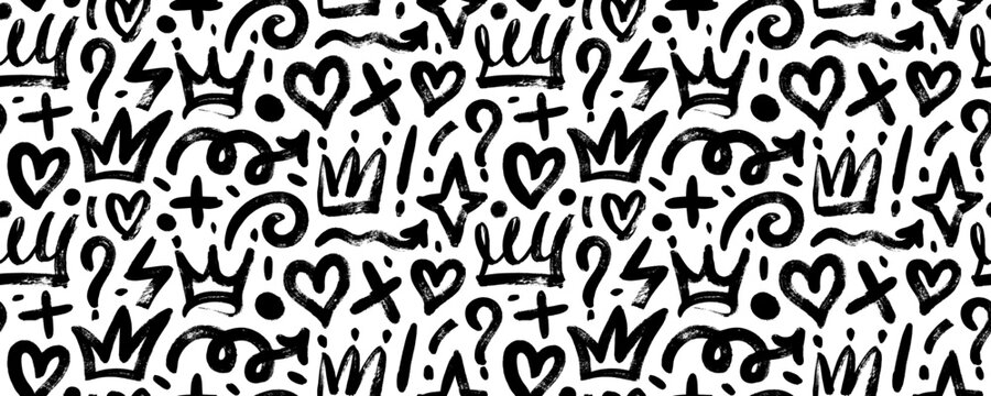 Brush drawn doodle shapes seamless pattern. Hearts, crowns, arrows, crosses, swirls and dots with dry brush texture. Banner background with trendy graffiti style elements. Hand drawn various shapes.
