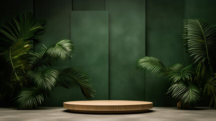 Fototapeta premium Realistic wooden product display podium with foliage and plant, modern green background. Presentation showcase backdrop for beauty product, home, or body products. Generative AI