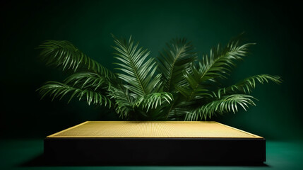 Realistic wooden product display podium with foliage and plant, modern green background. Presentation showcase backdrop for beauty product, home, or body products. Generative AI