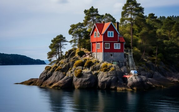 A red house sitting on top of a small island. AI