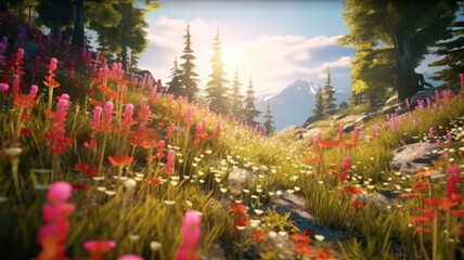 Vibrant spring scene:,Blurred background with blooming trees, AI generated