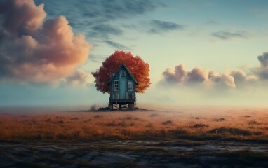 Obraz na płótnie Canvas A tree house in a field with a sky background. Ai
