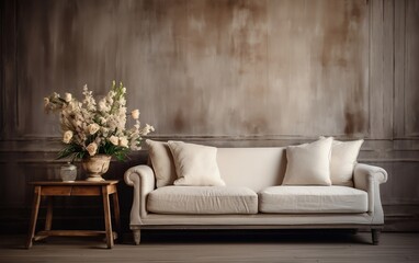 A modern white couch next to a vibrant potted plant in a stylish living room. AI