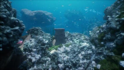 ancient ruins of city or temple covered in algae and coral on ocean floor