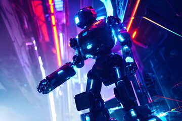 Glowing Future: Striking Image of a Robot with Neon Lights On Cybernetic digital Cyberpunk Style Background Generated Ai