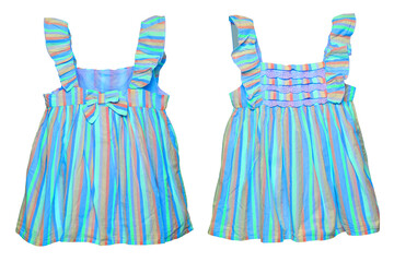 Summer dress isolated. Closeup of a colorful striped sleeveless baby girl dress isolated on a white background. Children spring fashion. Front and back view.