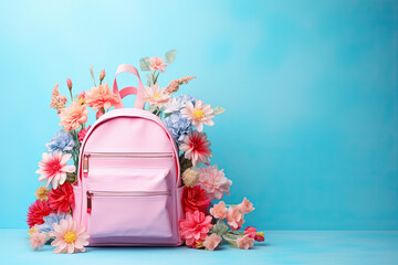 A backpack with flowers on the pastel background, back to school 