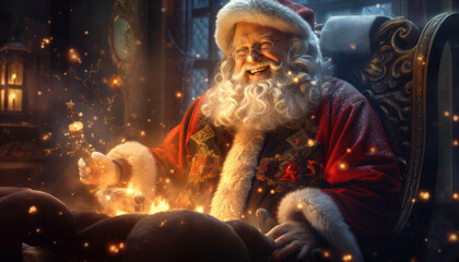 Fototapeta na wymiar Merry Christmas and happy holidays from Santa Claus in a jolly Xmas scene. Generative AI illustrations