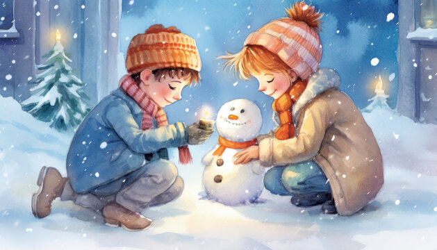 Kids building a snowman in the winter, classic Christmas illustration. Generative AI illustrations