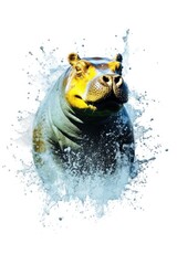 hippo  form and spirit through an abstract lens. dynamic and expressive hippo print by using bold brushstrokes, splatters, and drips of paint.  hippo raw power and untamed energy