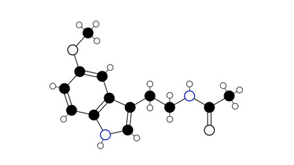 melatonin molecule, structural chemical formula, ball-and-stick model, isolated image hormone