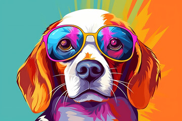 Cute Beagle wearing Sunglasses, Colorful Yellow Background, AI-Generated Image
