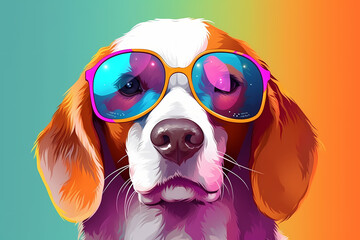 Cute Beagle wearing Sunglasses, Colorful Yellow Background, AI-Generated Image