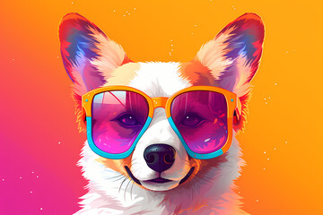 Cute Corgi wearing Sunglasses, Colorful Yellow Background, AI-Generated Image
