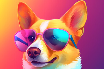 Cute Corgi wearing Sunglasses, Colorful Yellow Background, AI-Generated Image