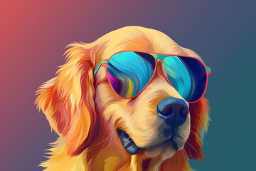 Cute Golden Retriever wearing Sunglasses, Colorful Yellow Background, AI-Generated Image	