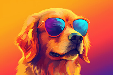Cute Golden Retriever wearing Sunglasses, Colorful Yellow Background, AI-Generated Image	