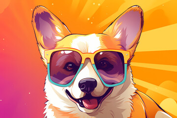 Cute Corgi wearing Sunglasses, Colorful Yellow Background, AI-Generated Image