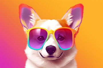 Cute Corgi wearing Sunglasses, Colorful Yellow Background, AI-Generated Image