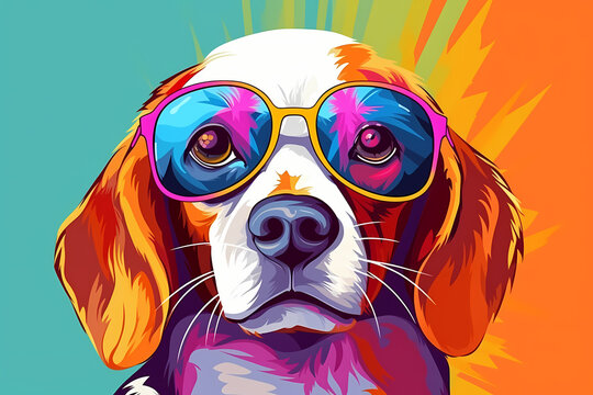 Cute Beagle wearing Sunglasses, Colorful Yellow Background, AI-Generated Image